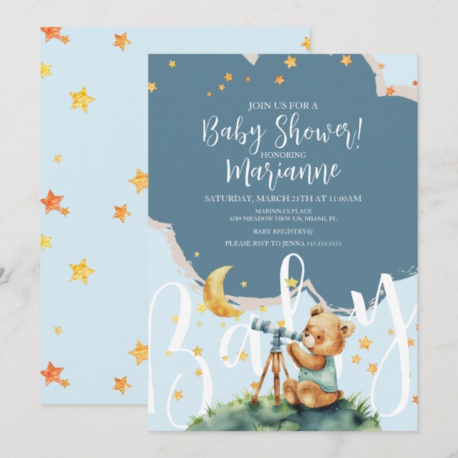  Bear Boy Stars Baby Shower  Invitation Inbjudningar (Fram/baksida)