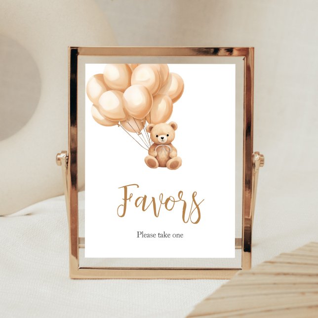 Bear Brown Balloon Baby Shower Favors Poster (We Can Bearly Wait Baby Shower Favors Sign)