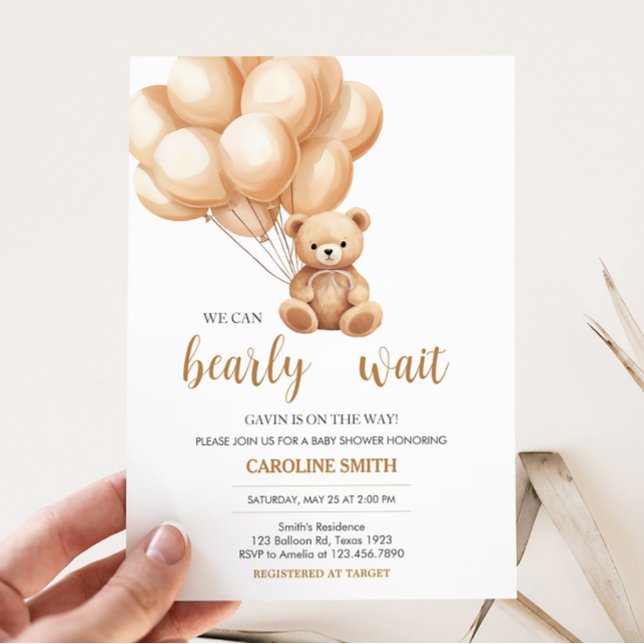 Bear Brown Balloon Baby Shower Inbjudningar (We Can Bearly Wait Baby Shower Invitation)