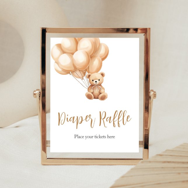 Bear Brown Balloon Baby Shower Raffle Poster (We Can Bearly Wait Baby Shower Diaper Raffle Sign)
