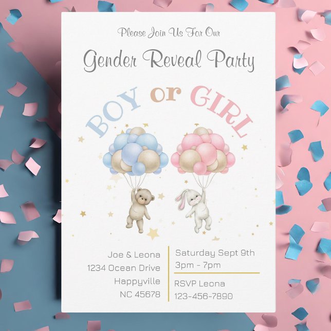 Bear & Bunny Gender Reveal Party-inbjudan Inbjudningar (Bear, bunny and balloons pink and blue gender reveal party invitation)