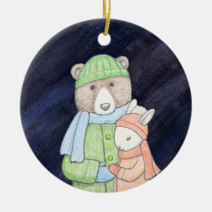 Bear & Bunny lite jul tillsammans Anpassat namn Julgransprydnad Keramik