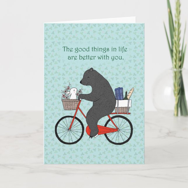 Bear & Bunny på Bicycle ska gå till picknic söt kä Kort (Framsida)