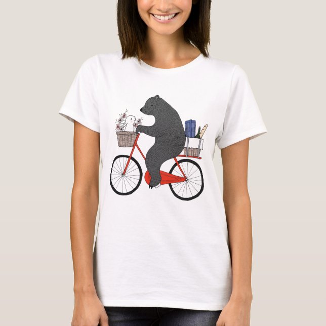 Bear & Bunny på Bicycle ska gå till picknic söt kä T Shirt (Framsida)