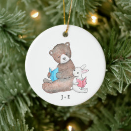 Bear & Bunny Reading Bokar Cute Couple Custom Name Julgransprydnad Keramik