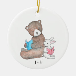 Bear & Bunny Reading Bokar Cute Couple Custom Name Julgransprydnad Keramik