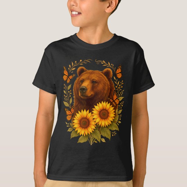 Bear Butterfly Nature Rustic Sunflower Monarch Art T Shirt (Framsida)