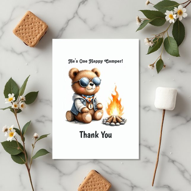 Bear Camping Boy "One Lycklig Camper" 1:a födelsed Tack Kort (Bear Camping Boy "One Happy Camper" 1st Birthday Thank You Card)
