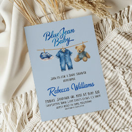 Bear Clothesline Blue Jean Baby Denim Baby Shower Inbjudningar