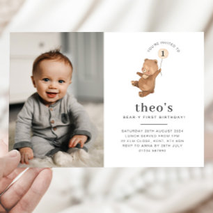 Bear Cream Balloon Photo 1st Birthday Invitation Inbjudningar