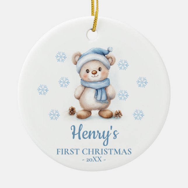 Bear Cub Personalized Baby's First Christmas Julgransprydnad Keramik (Framsidan)