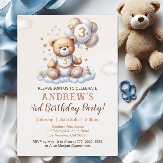 Bear Cute 3rd Birthday Party – Brown Teddy Bear Inbjudningar (Skapare uppladdad)