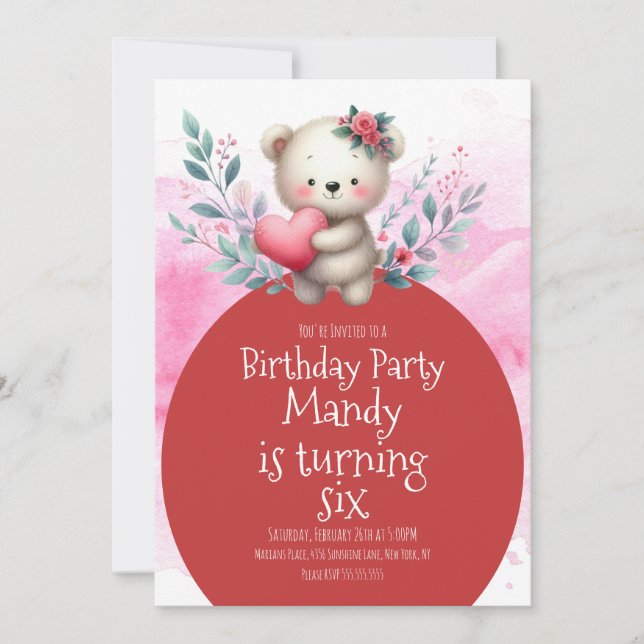 Bear Cute Heart Hugger Watercolor Birday Inbjudningar (Framsida)