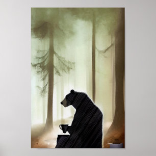 Bear Drinking Coffee i Skogen Poster