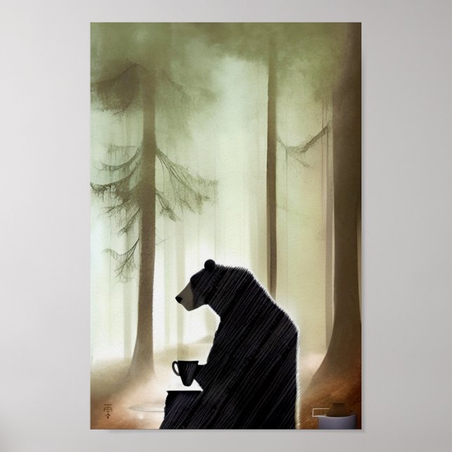 Bear Drinking Coffee i Skogen Poster (Framsidan)
