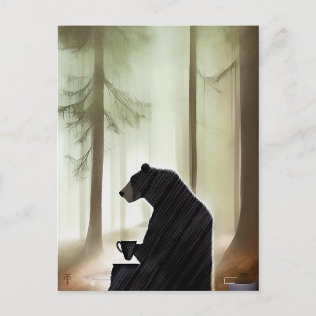 Bear Drinking Coffee i Skogen Vykort (Framsida)