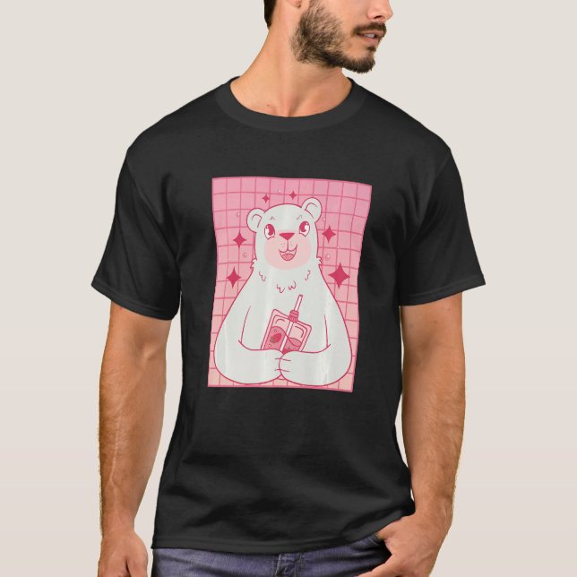 Bear Drinking Strawberry Mjölk T Shirt (Framsida)
