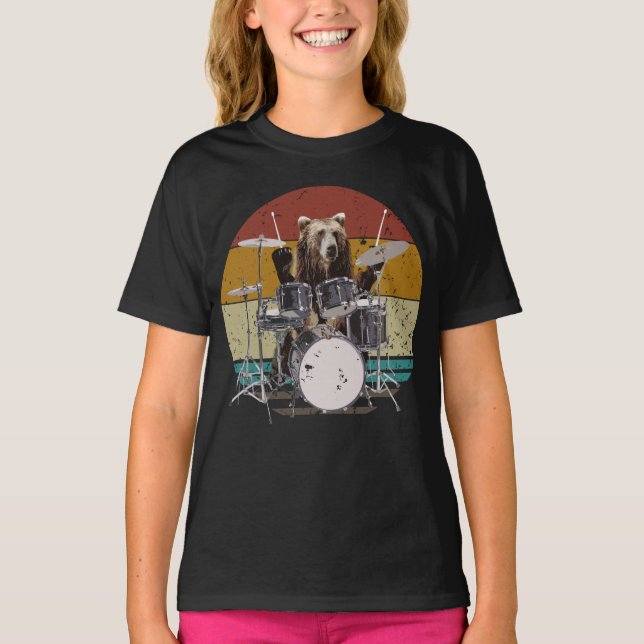 Bear Drummer spelar Drums Girl T-Shirt (Framsida)
