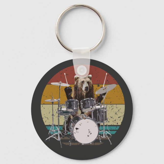 Bear Drummer spelar upp Drums Basic Button Keychai Nyckelring (Framsida)