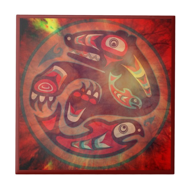 Bear Eating Salmon Native American Tile Kakelplatta (Framsidan)