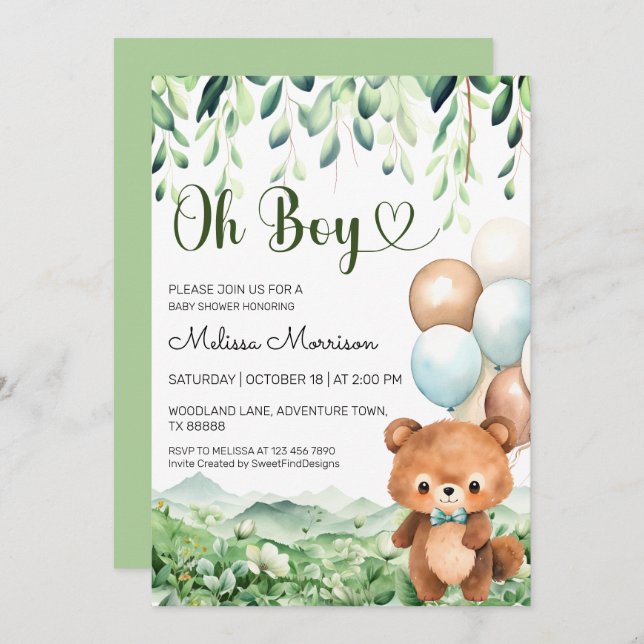Bear Enchanted Forest Oh Boy Baby Shower Inbjudningar (Fram/baksida)