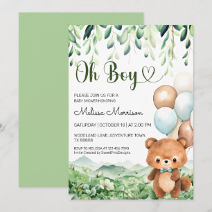 Bear Enchanted Forest Oh Boy Baby Shower Inbjudningar
