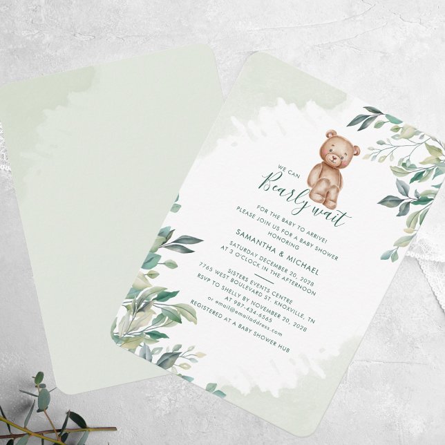Bear Eucalyptus Foliage Par Baby Shower Inbjudningar (We Can Bearly Wait Bear Eucalyptus Baby Shower Invitation)