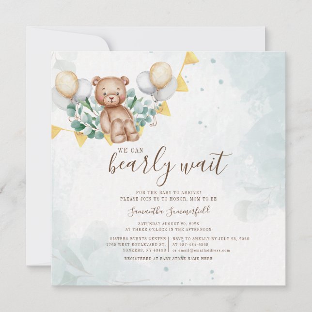 Bear Eucalyptus Foliage Watercolor Baby Shower Inbjudningar (Framsida)