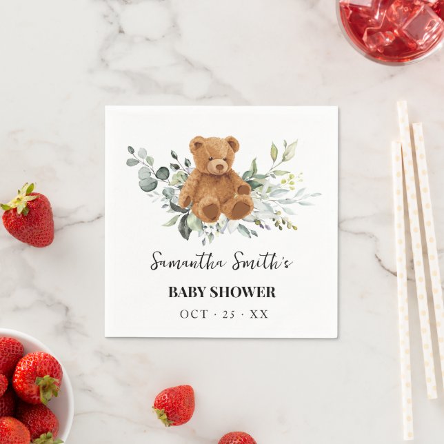 Bear Eucalyptus Greenery Baby Shower Napkins Pappersservett (Insitu)