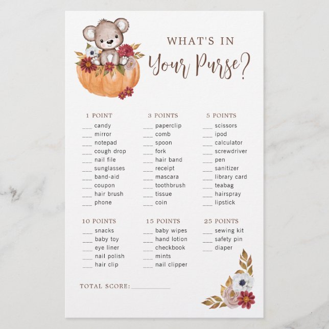 Bear Fall Pumpkin Purble Baby Shower-spel (Framsida)
