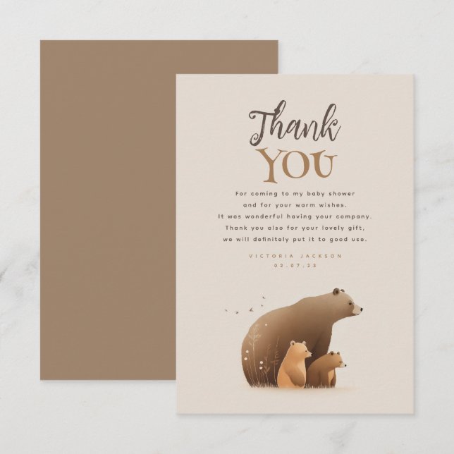 Bear Family Elegant Brown Baby Shower Tack Kort (Fram/baksida)