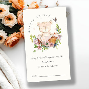 Bear Flower Basket Rosa Diaper Raffle Baby Shower Tilläggskort