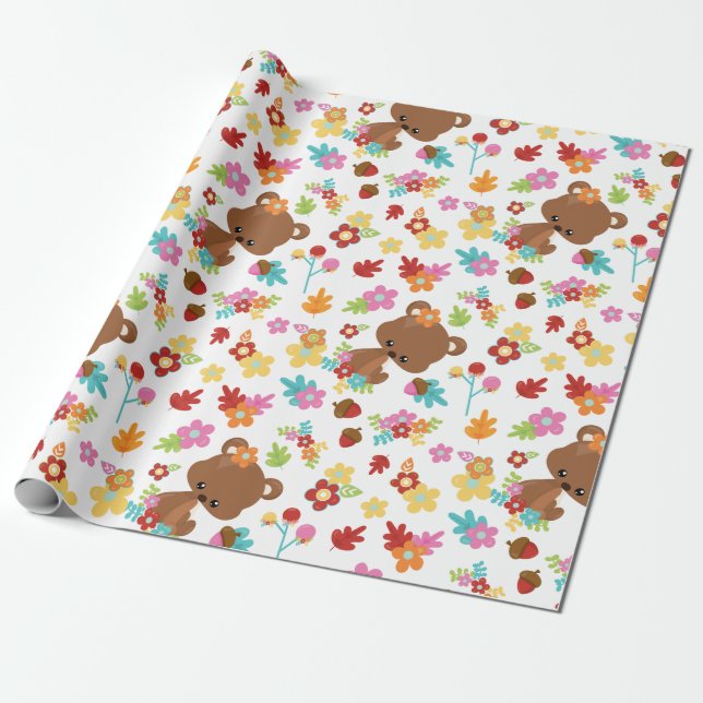 Bear & Flowers Flicka Baby Shower Presentpapper (Utrullad)