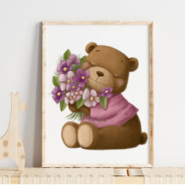 Bear Flowers för vattenfärg | Skriva ut på skårväg Poster