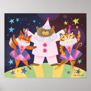 Bear, Fox och Tiger Pierrot Clown Art Print Poster