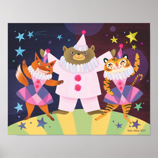 Bear, Fox och Tiger Pierrot Clown Art Print Poster (Framsidan)