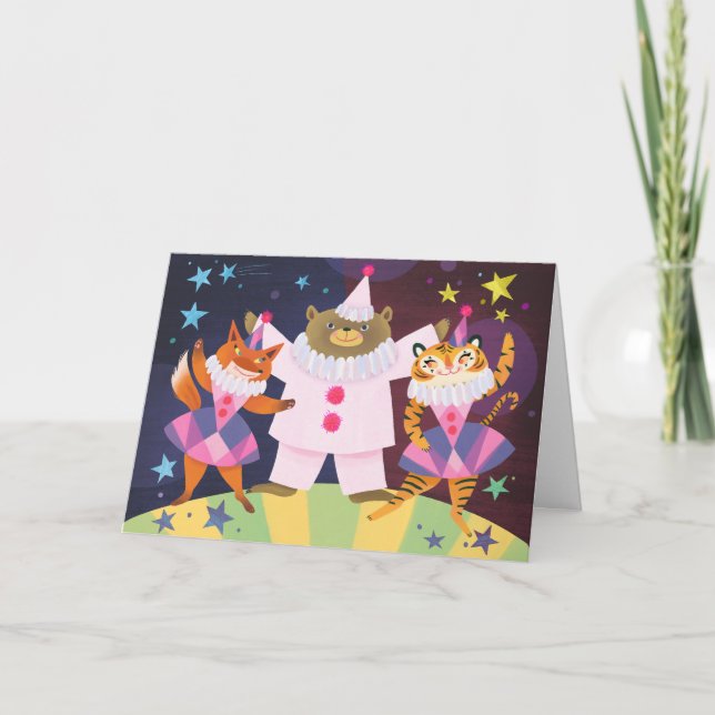 Bear, Fox och Tiger Pierrot Clown Birthday Card Kort (Framsida)