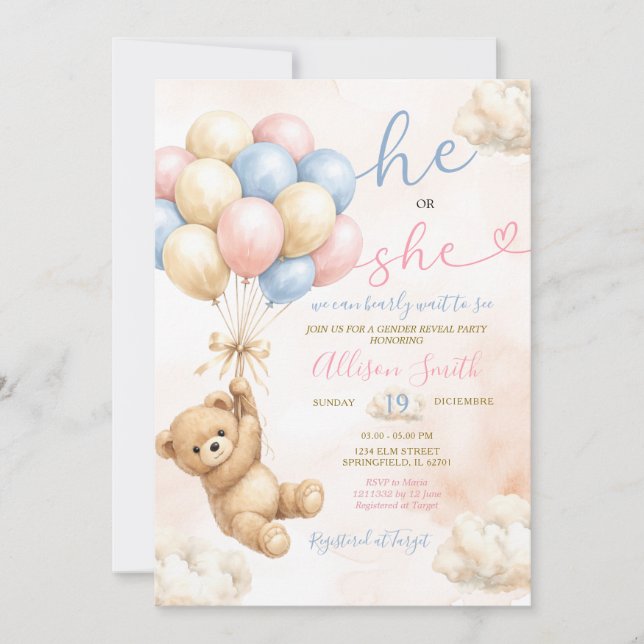 Bear Gender Reveal Pink and Blue Balloon Inbjudningar (Framsida)