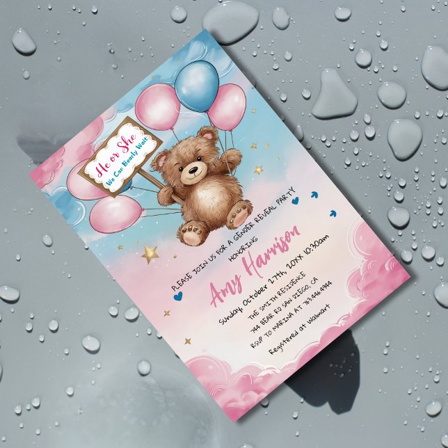 Bear Gender Reveal Rosa och Blue Baby Shower Inbjudningar (Skapare uppladdad)