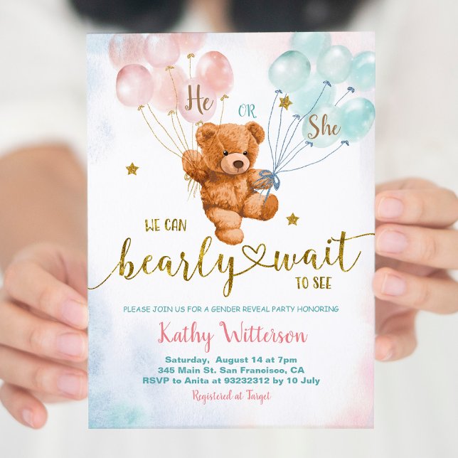 Bear Gender Reveal Rosa och Blue Baby Shower Invit Inbjudningar (Skapare uppladdad)