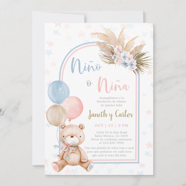 Bear Gender Visa inbjudan till spansk babyvisnings (Framsida)