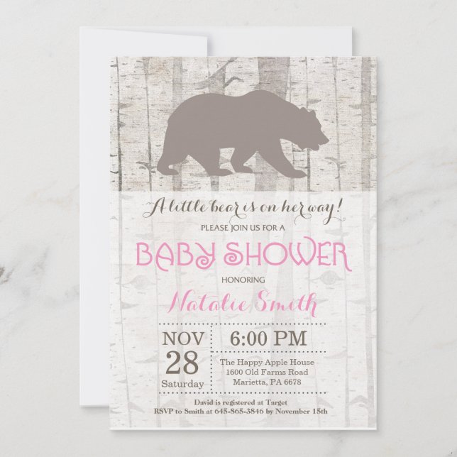 Bear Girl Baby Shower-inbjudan Rustic Woodland Inbjudningar (Framsida)