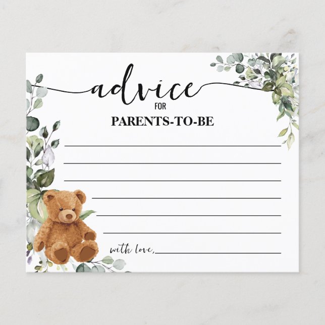 Bear Greenery Advice Mamma & Pappa Baby Shower Car Flygblad (Framsidan)
