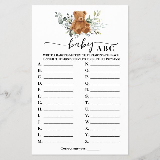 Bear Greenery Baby ABC-babyvykort Flygblad (Framsidan)