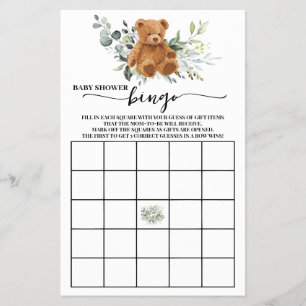 Bear Greenery Baby Shower Bingo Game Card Flygblad