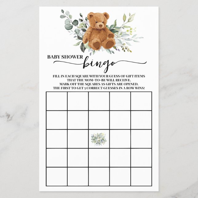 Bear Greenery Baby Shower Bingo Game Card Flygblad (Framsidan)
