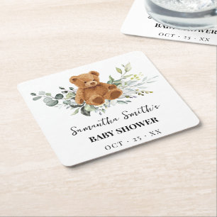 Bear Greenery Baby Shower Square Papper Underlägg Kvadrat