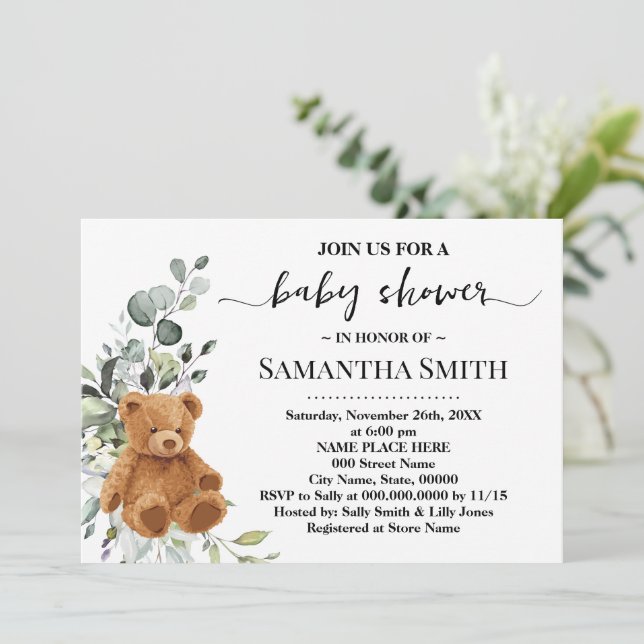 Bear Greenery Eucalyptus Baby Shower Inbjudningar (Stående Fram)