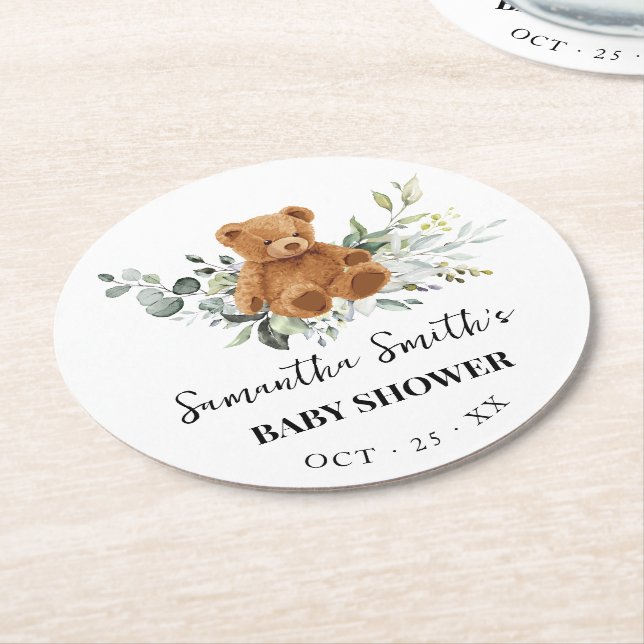 Bear Greenery Eucalyptus Baby Shower Round Papper Underlägg Papper Rund (Vinklad)