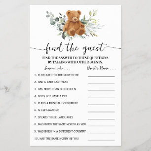 Bear Greenery Find the Guest Baby Shower Game Card Flygblad